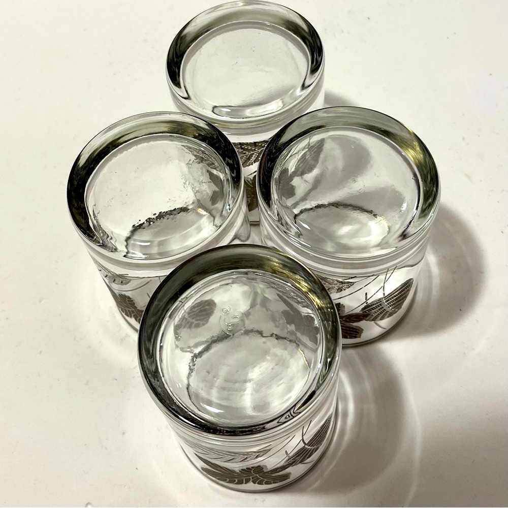 Libby MCM VTG Barware Rocks Glasses Set of 4 Tumblers Embossed Silver Leaves Rim - Picture 15 of 16